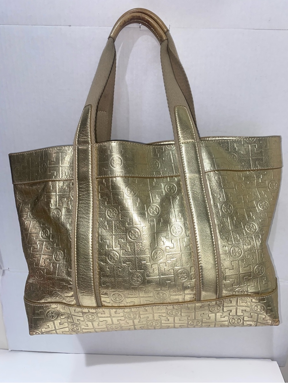 Tory Burch Metallic Gold Embossed Logo Large Tote Bag
